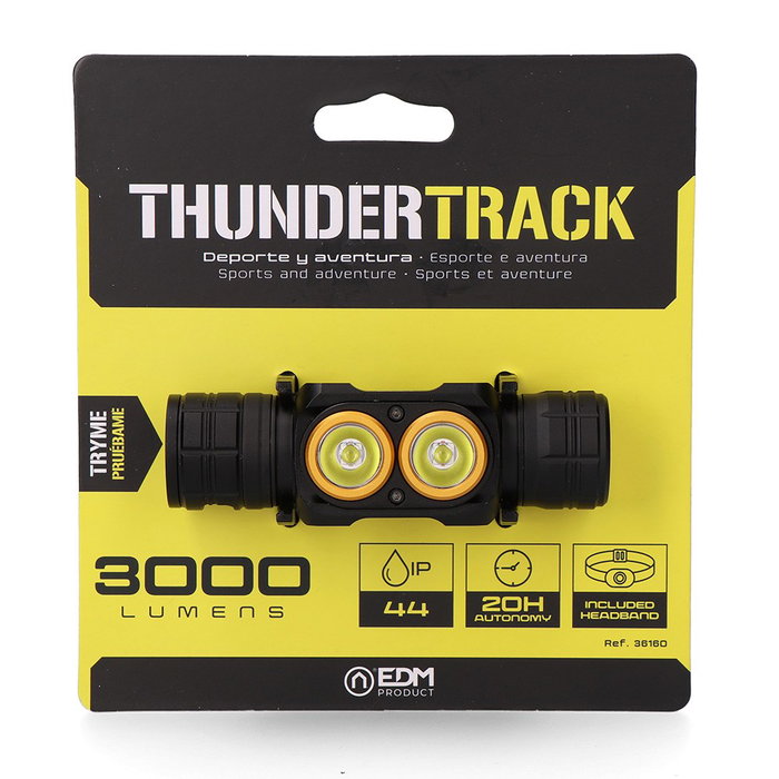 Edm Lampe frontale LED Thunder Track 3000 lm rechargeable, 5 modes, IP44, avec batterie lithium 2600 mAh Edm Lampe frontale LED Thunder Track 3000 lm rechargeable, 5 modes, IP44, avec batterie lithium 2600 mAh