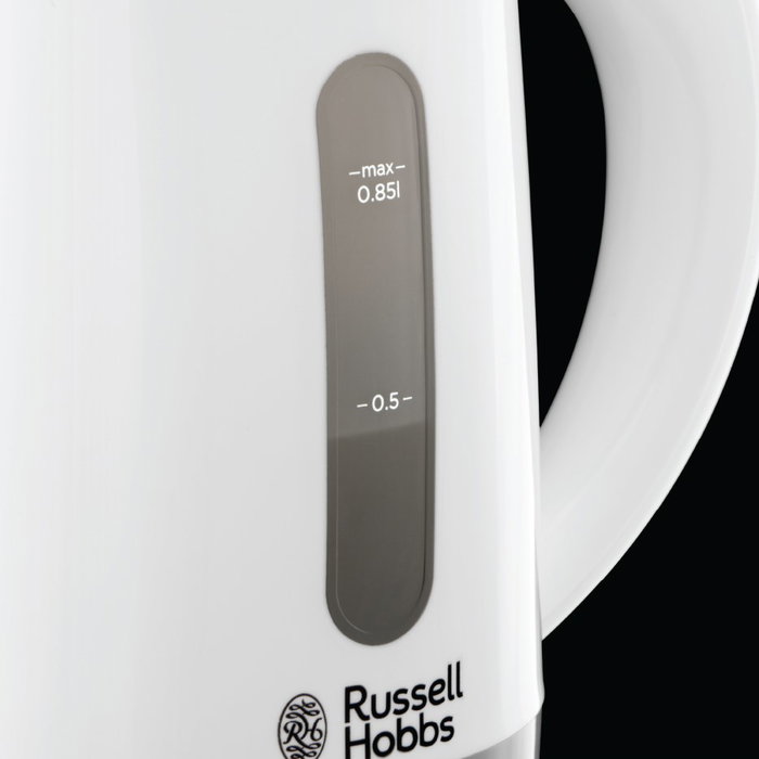 Russell Hobbs 23840-70 Bouilloire électrique de voyage - 0.85L - Plastique blanc léger - Avec double indicateur de niveau d'eau, 2 tasses et 2 cuillères