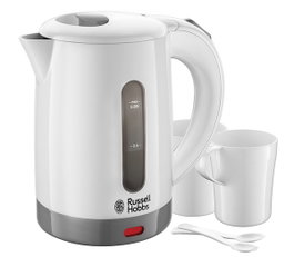 Russell Hobbs 23840-70 Bouilloire électrique de voyage - 0.85L - Plastique blanc léger - Avec double indicateur de niveau d'eau, 2 tasses et 2 cuillères