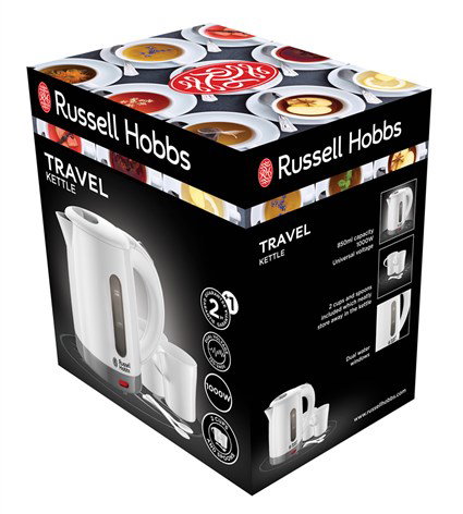 Russell Hobbs 23840-70 Bouilloire électrique de voyage - 0.85L - Plastique blanc léger - Avec double indicateur de niveau d'eau, 2 tasses et 2 cuillères