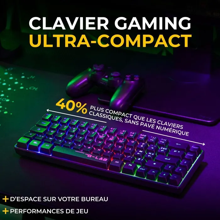 The G-Lab KEYZ HYDROGEN - Clavier gamer sans fil 60% AZERTY à membrane, rétroéclairage RGB, compact et performant, pour PC et console, couleur noir