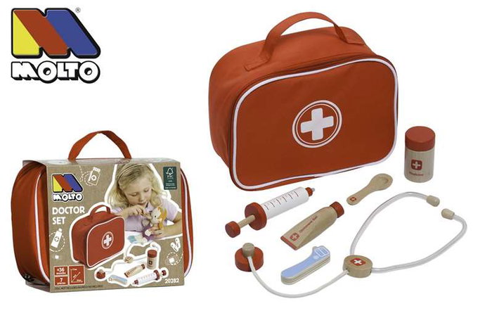 Molto Maletin docteur en bois avec 7 accessoires - Coffret jeu de rôle médical pour enfants (23x16x8 cm)