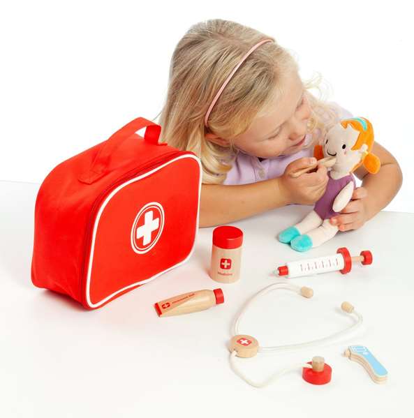 Molto Maletin docteur en bois avec 7 accessoires - Coffret jeu de rôle médical pour enfants (23x16x8 cm)