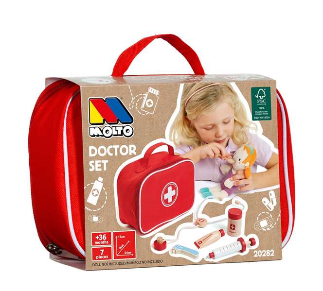 Molto Maletin docteur en bois avec 7 accessoires - Coffret jeu de rôle médical pour enfants (23x16x8 cm)