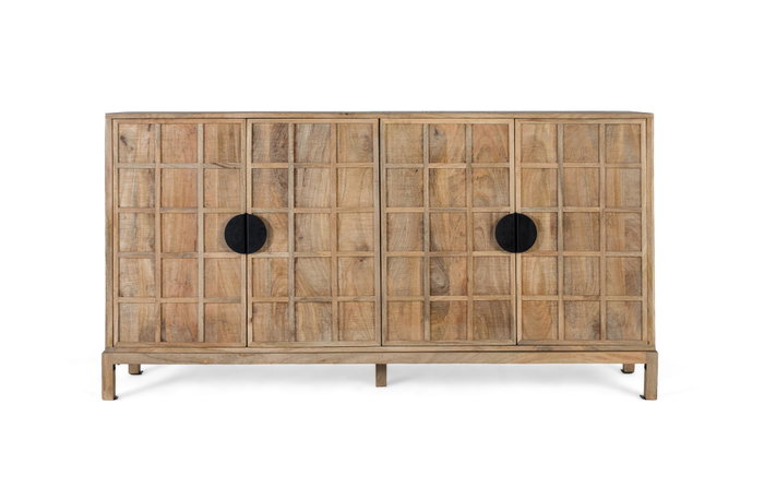 GINER Y COLOMER Buffet 4 portes en bois massif de manguier 175 cm, finition naturelle, avec tiroirs en métal noir GINER Y COLOMER Buffet 4 portes en bois massif de manguier 175 cm, finition naturelle, avec tiroirs en métal noir