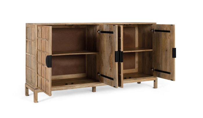GINER Y COLOMER Buffet 4 portes en bois massif de manguier 175 cm, finition naturelle, avec tiroirs en métal noir GINER Y COLOMER Buffet 4 portes en bois massif de manguier 175 cm, finition naturelle, avec tiroirs en métal noir