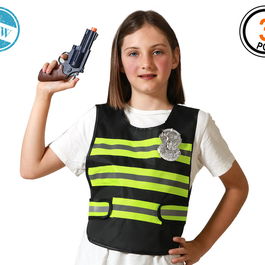 Gilet de police noir avec bandes réfléchissantes, révolver jouet et plaque - 48x35 cm - Pour costume et jeu de rôle
