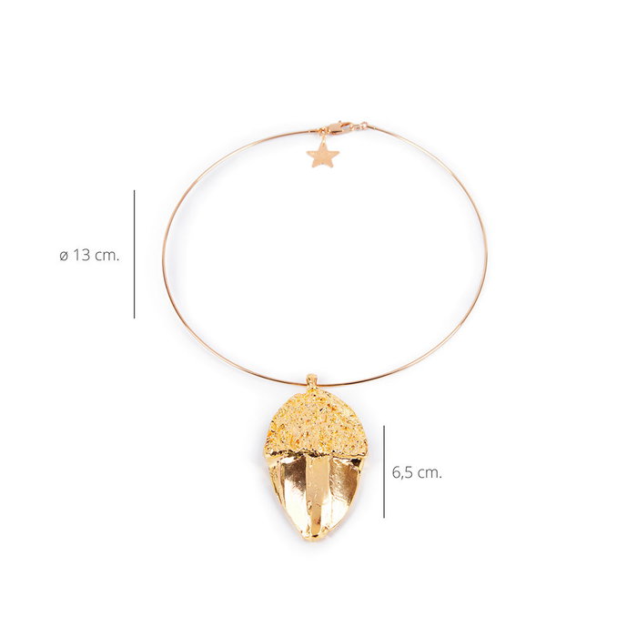 Shabama Collier rigide BELLOTA or brillant avec pendentif gland en laiton doré 0,5 micron - Anneau 13 cm Pendentif 6,5 cm