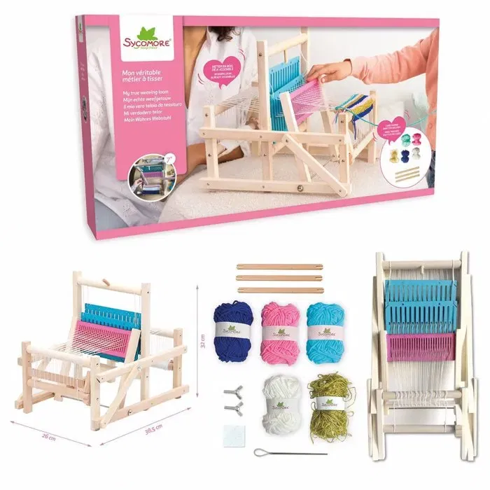 Sycomore - Métier à tisser en bois - Kit d'initiation au tissage avec laine, navettes et guide - Réalise écharpe ou décoration - À partir de 7 ans