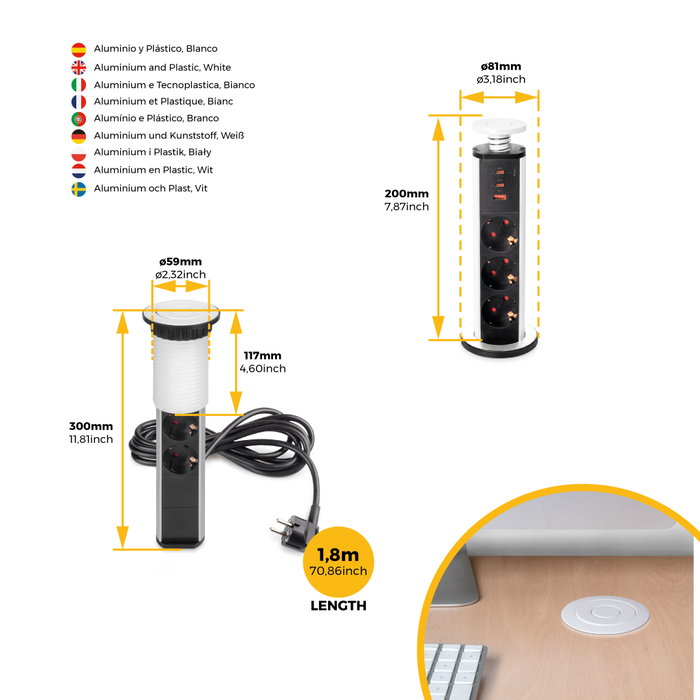 Emuca Multiconnecteur élevable Vertikal, 3 prises Schuko, 1 USB-A, 2 USB-C, Blanc