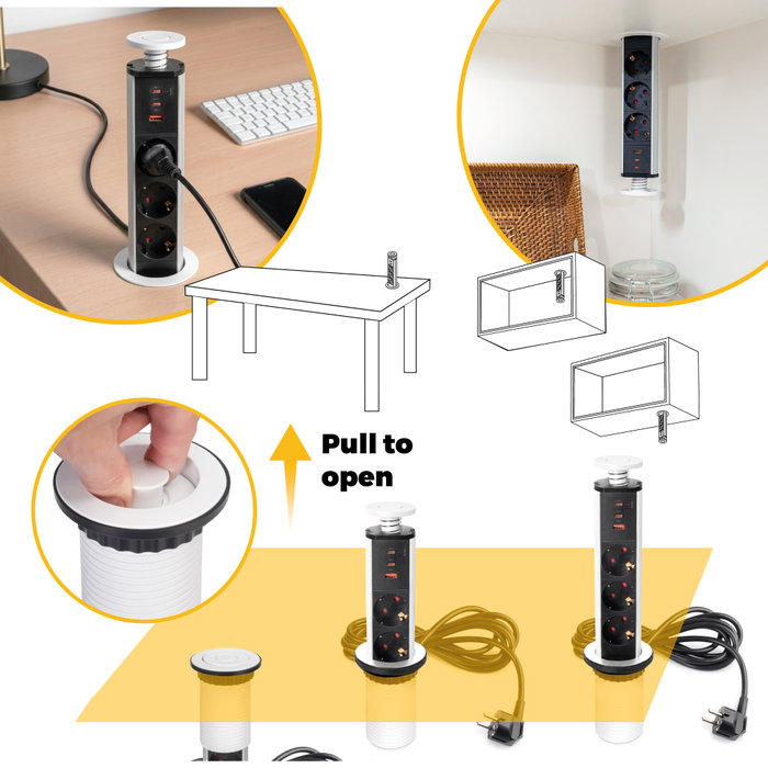 Emuca Multiconnecteur élevable Vertikal, 3 prises Schuko, 1 USB-A, 2 USB-C, Blanc