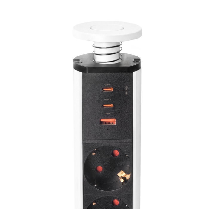 Emuca Multiconnecteur élevable Vertikal, 3 prises Schuko, 1 USB-A, 2 USB-C, Blanc