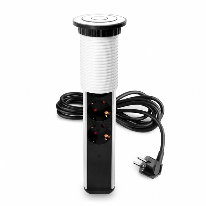 Emuca Multiconnecteur élevable Vertikal, 3 prises Schuko, 1 USB-A, 2 USB-C, Blanc
