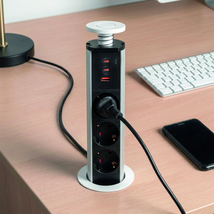 Emuca Multiconnecteur élevable Vertikal, 3 prises Schuko, 1 USB-A, 2 USB-C, Blanc