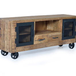 GINER Y COLOMER Meuble TV industriel en bois de manguier et métal, couleur naturel - 150 x 60 x 38 cm, structure en bois massif avec portes métal, finition artisanale