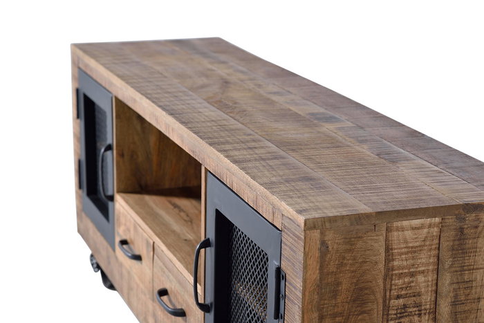 GINER Y COLOMER Meuble TV industriel en bois de manguier et métal, couleur naturel - 150 x 60 x 38 cm, structure en bois massif avec portes métal, finition artisanale