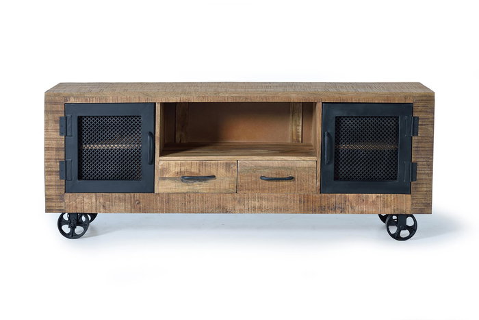 GINER Y COLOMER Meuble TV industriel en bois de manguier et métal, couleur naturel - 150 x 60 x 38 cm, structure en bois massif avec portes métal, finition artisanale