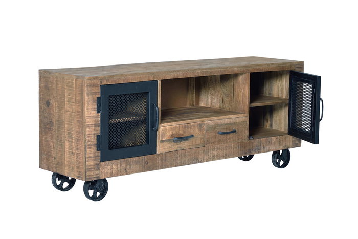 GINER Y COLOMER Meuble TV industriel en bois de manguier et métal, couleur naturel - 150 x 60 x 38 cm, structure en bois massif avec portes métal, finition artisanale
