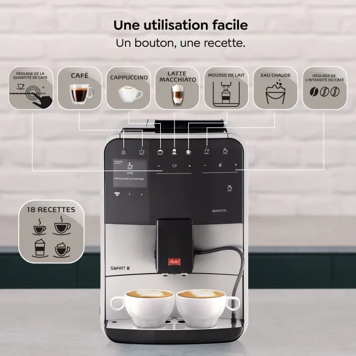 Melitta Barista T Smart - Machine à café automatique avec broyeur connectée, argent, sans réservoir à lait, 18 boissons, double réservoir à grains, Quiet Mark