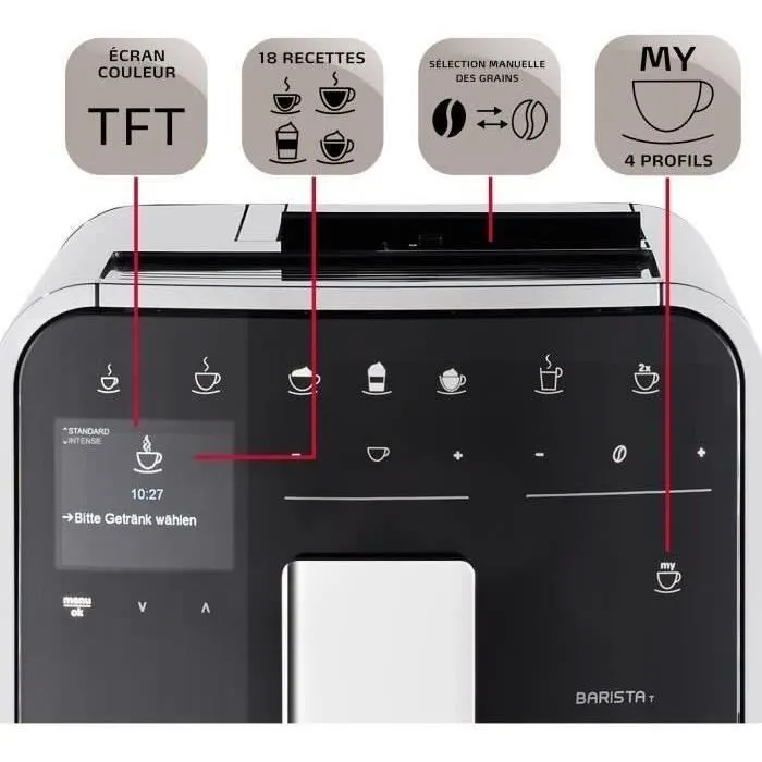 Melitta Barista T Smart - Machine à café automatique avec broyeur connectée, argent, sans réservoir à lait, 18 boissons, double réservoir à grains, Quiet Mark