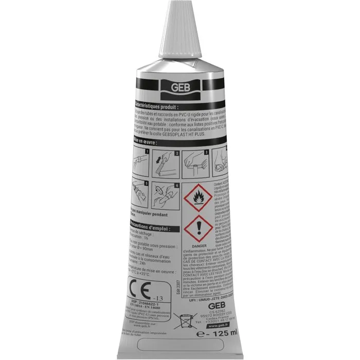 Geb Colle PVC Gel Plus GEB pour tubes PVC rigide d'adduction et d'évacuation, conforme pour eau potable, 125 ml Geb Colle PVC Gel Plus GEB pour tubes PVC rigide d'adduction et d'évacuation, conforme pour eau potable, 125 ml