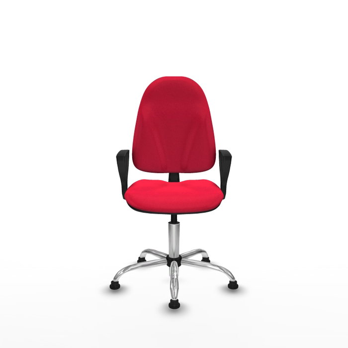 Chaise de bureau Algarra avec mécanisme de contact permanent de base, recouverte de tissu rouge. Équipée d'une base chromée, d'accoudoirs fixes et de butées