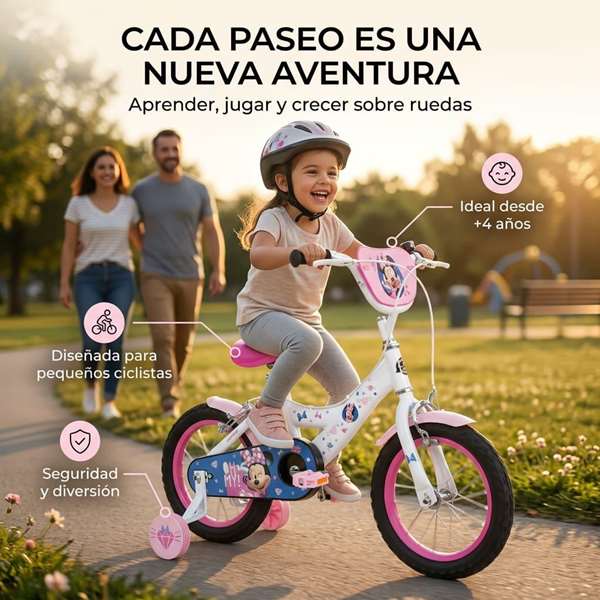 Huffy Bicyclette pour Enfants Minnie 14" avec Roues Stabilisatrices - Vélo Fille 4 à 6 Ans - Modèle Espagnol