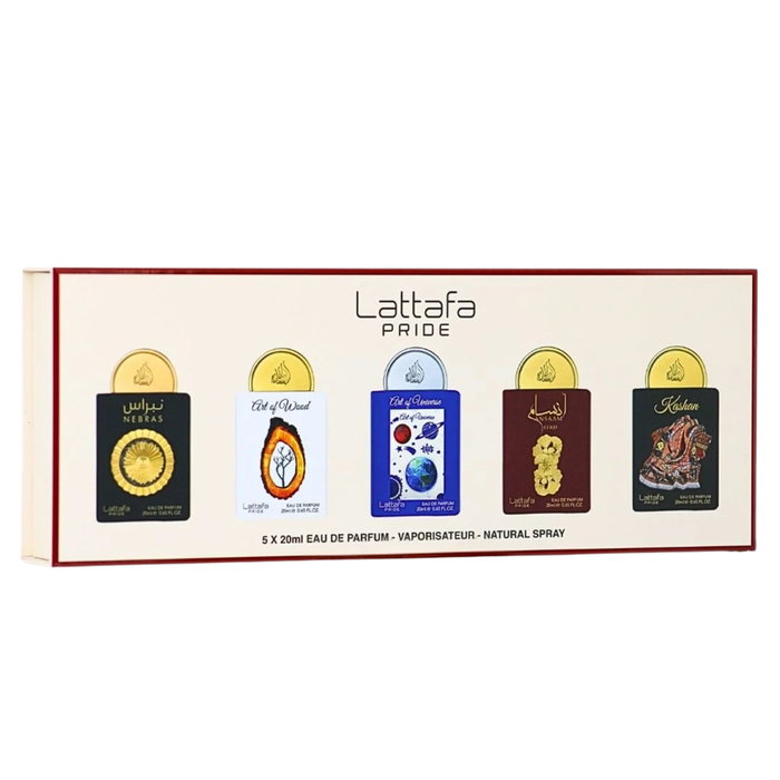 Lattafa Coffret de 5 Eau de Parfum pour Femmes : Nebras, Art of Wood, Art of Universe, Ansaam Gold, Kashan 20 ml chacun Lattafa Coffret de 5 Eau de Parfum pour Femmes : Nebras, Art of Wood, Art of Universe, Ansaam Gold, Kashan 20 ml chacun
