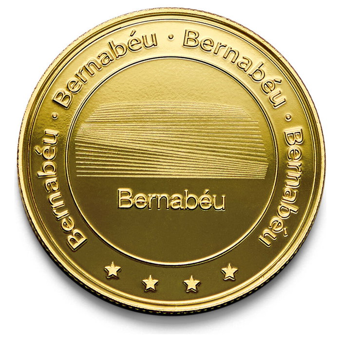 Real Madrid Monnaie Commémorative Dorée Bernabéu en Zamak avec Capsule et Boîte de Collection - Article Officiel