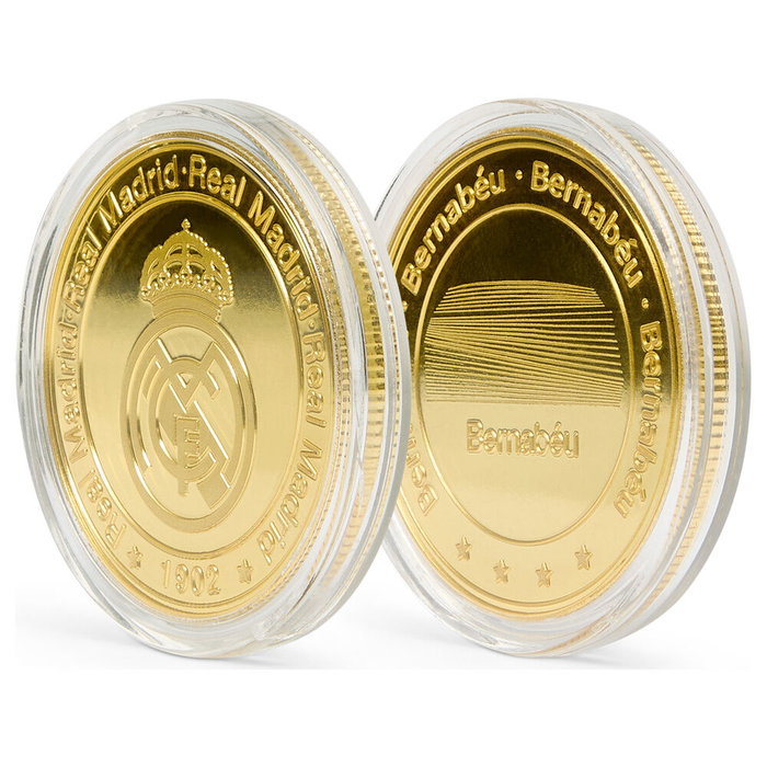 Real Madrid Monnaie Commémorative Dorée Bernabéu en Zamak avec Capsule et Boîte de Collection - Article Officiel