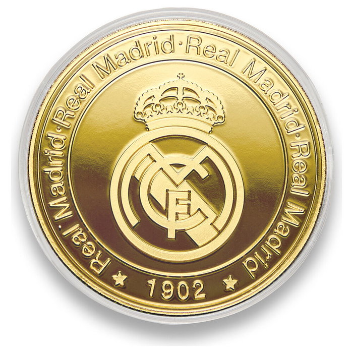 Real Madrid Monnaie Commémorative Dorée Bernabéu en Zamak avec Capsule et Boîte de Collection - Article Officiel
