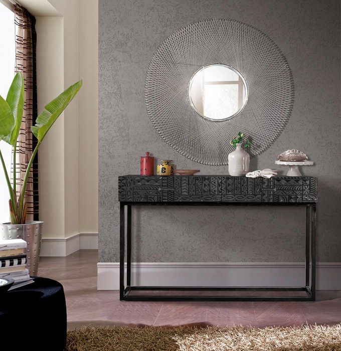 GINER Y COLOMER Meuble de réception en bois de manguier avec pattes métal noir, 2 tiroirs, sculptures artisanales, 76x120x30 cm