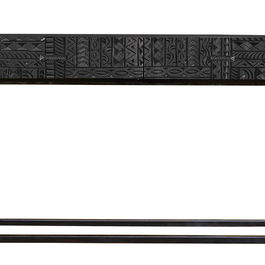 GINER Y COLOMER Meuble de réception en bois de manguier avec pattes métal noir, 2 tiroirs, sculptures artisanales, 76x120x30 cm