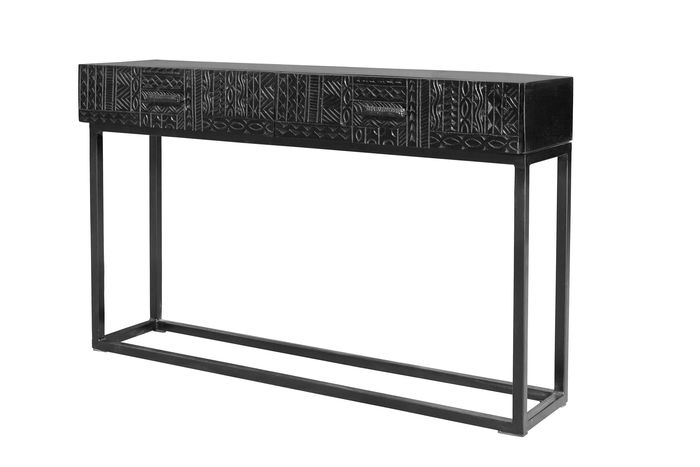 GINER Y COLOMER Meuble de réception en bois de manguier avec pattes métal noir, 2 tiroirs, sculptures artisanales, 76x120x30 cm