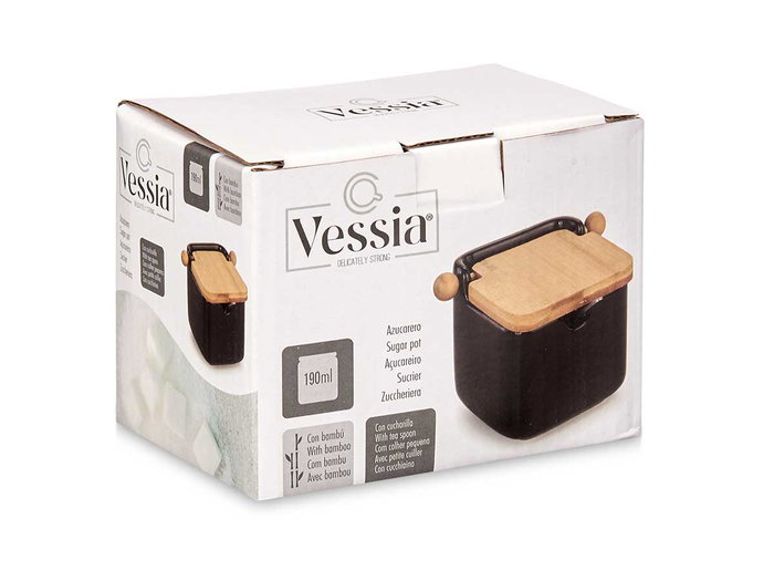VESSIA Sucrier en Céramique Noir avec Couvercle en Bambou et Cuillère
