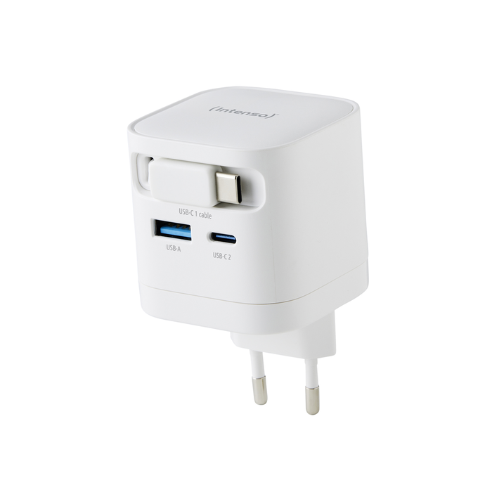 Intenso Cargador de Pared 65 W GaN W65ACIC Blanc avec Câble USB-C Rétractable