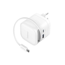 Intenso Cargador de Pared 65 W GaN W65ACIC Blanc avec Câble USB-C Rétractable