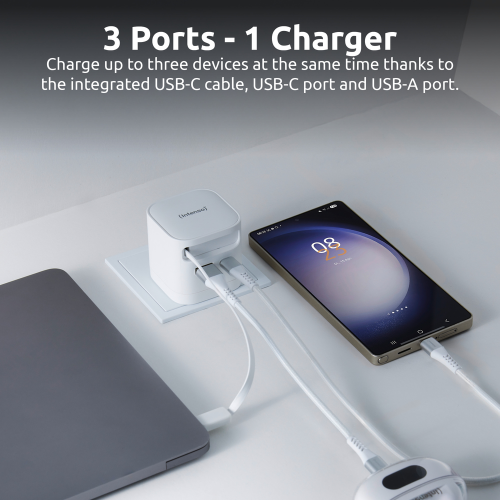 Intenso Cargador de Pared 65 W GaN W65ACIC Blanc avec Câble USB-C Rétractable