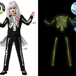 Déguisement Enfant Fille Squelette Brillant - Jupe, T-shirt et Pantalon pour Halloween, Fêtes - Taille 5-6 Ans