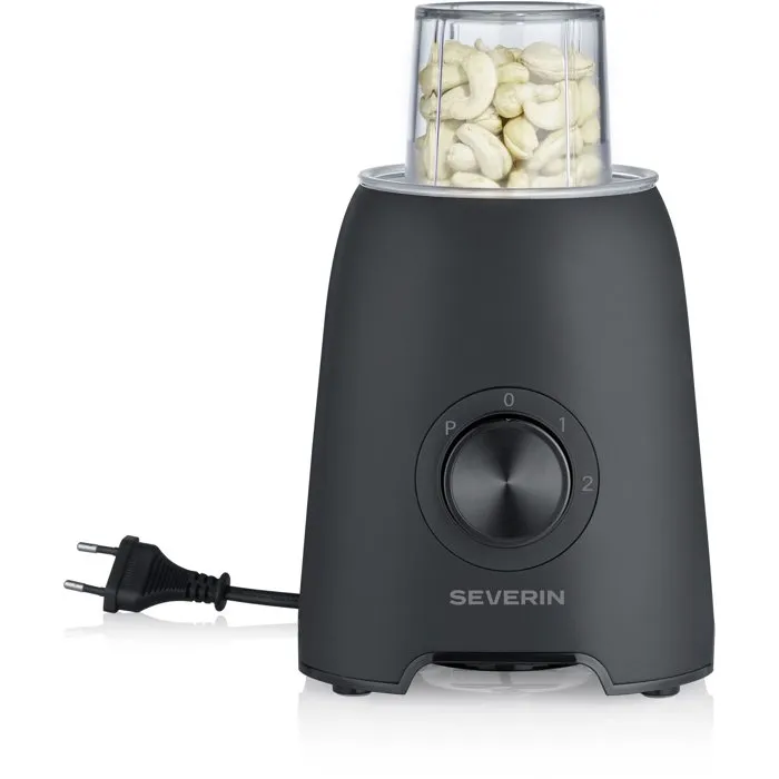 SEVERIN SM3724 Mix & Go Blender 2-en-1 – récipient en verre 1,5 L, gourde robuste, accessoire moulin fruits secs, noir