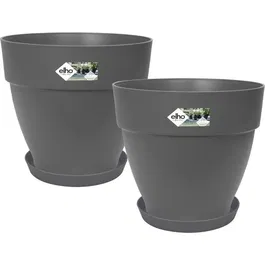 Elho Lot de 2 pots de fleurs d'extérieur Vibia Campana + Loft avec soucoupes - Noir - Ø29.8 x H25.8 cm et Ø21 x H2.8 cm - 22 litres