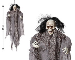 Décor Suspension Fantôme avec Cheveux Noirs et Cape Grise - 61 cm - Décoration Halloween et Fêtes Effrayantes