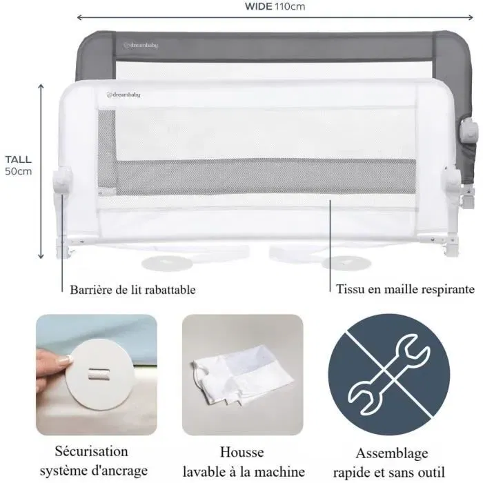 Dreambaby Barrière de lit Maggie pour lits encastrés et plats, 110 cm de large, 50 cm de haut, sécurité enfant transition du berceau Dreambaby Barrière de lit Maggie pour lits encastrés et plats, 110 cm de large, 50 cm de haut, sécurité enfant transition du berceau