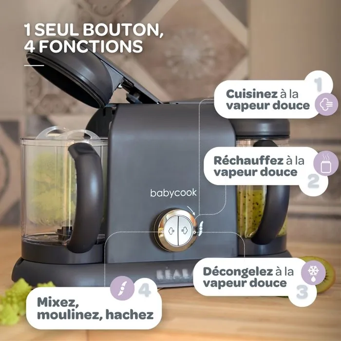 Beaba Babycook Duo Gris foncé - Pack Robot cuiseur 6-en-1 avec lot de cuillères silicone 1er âge
