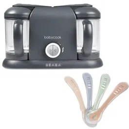 Beaba Babycook Duo Gris foncé - Pack Robot cuiseur 6-en-1 avec lot de cuillères silicone 1er âge