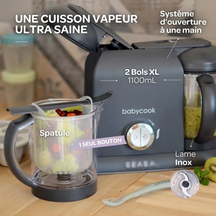 Beaba Babycook Duo Gris foncé - Pack Robot cuiseur 6-en-1 avec lot de cuillères silicone 1er âge