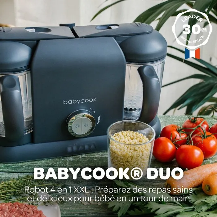 Beaba Babycook Duo Gris foncé - Pack Robot cuiseur 6-en-1 avec lot de cuillères silicone 1er âge