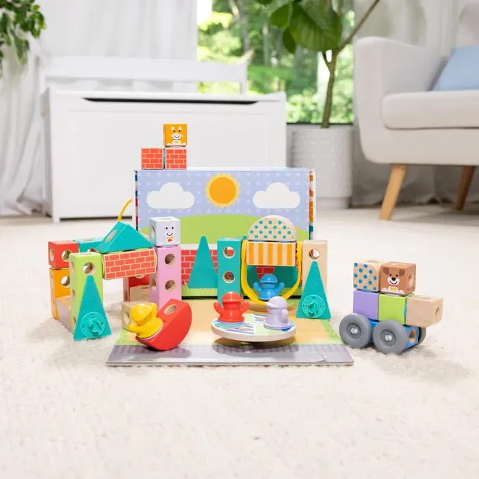 Melissa & Doug Blockables - La Ville - Jeu de construction 73 pièces avec blocs en bois, figurines et voitures - Jouet éducatif pour enfants dès 2 ans