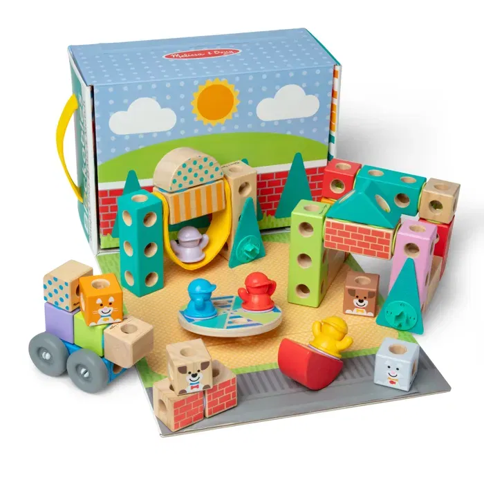 Melissa & Doug Blockables - La Ville - Jeu de construction 73 pièces avec blocs en bois, figurines et voitures - Jouet éducatif pour enfants dès 2 ans