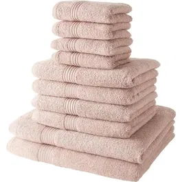 Today Essential - Lot de 10 pièces (4 serviettes 30x50 cm, 4 serviettes 50x90 cm, 2 drap de bain 70x130 cm) en 100% coton - Rose